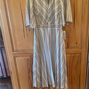 Maison Tara White and Black Striped V-Neck Dress